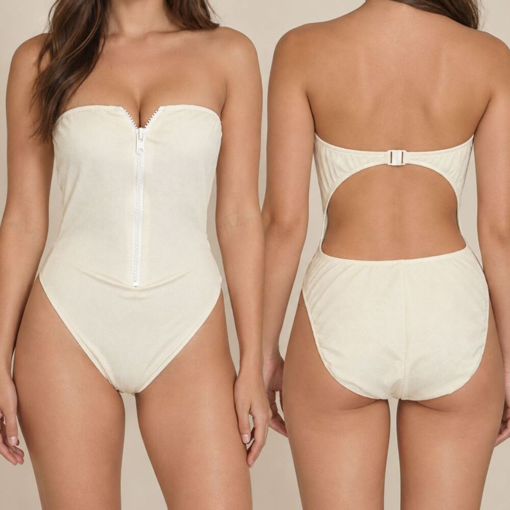 GUESS Off White One Piece Swimsuit Large Zip Front Cutout Back